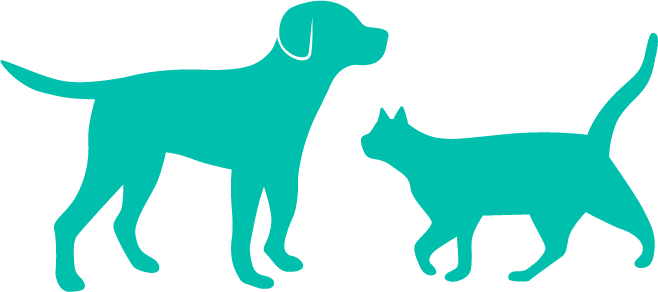 Silhouettes of a dog and a cat facing each other in teal color on a white background, reminiscent of a vet's office logo.