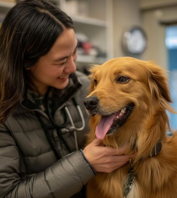 A woman, beaming with joy, gently pets a happy golden retriever. The dog, its tongue playfully out, radiates delight. In the cozy room with shelves in the background, it’s clear they both cherish these moments—even the local vet would smile at such pure happiness.